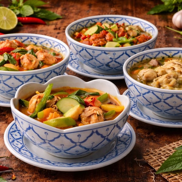 Four bowls of Thai curry and soup, garnished with lime, chili, and basil on a wooden table.