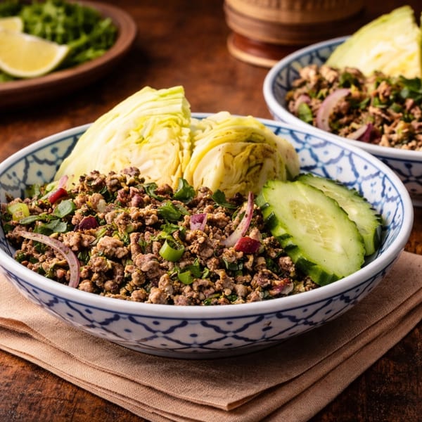 Two bowls of Thai Larb, a minced meat salad with herbs, cabbage, and cucumber slices.