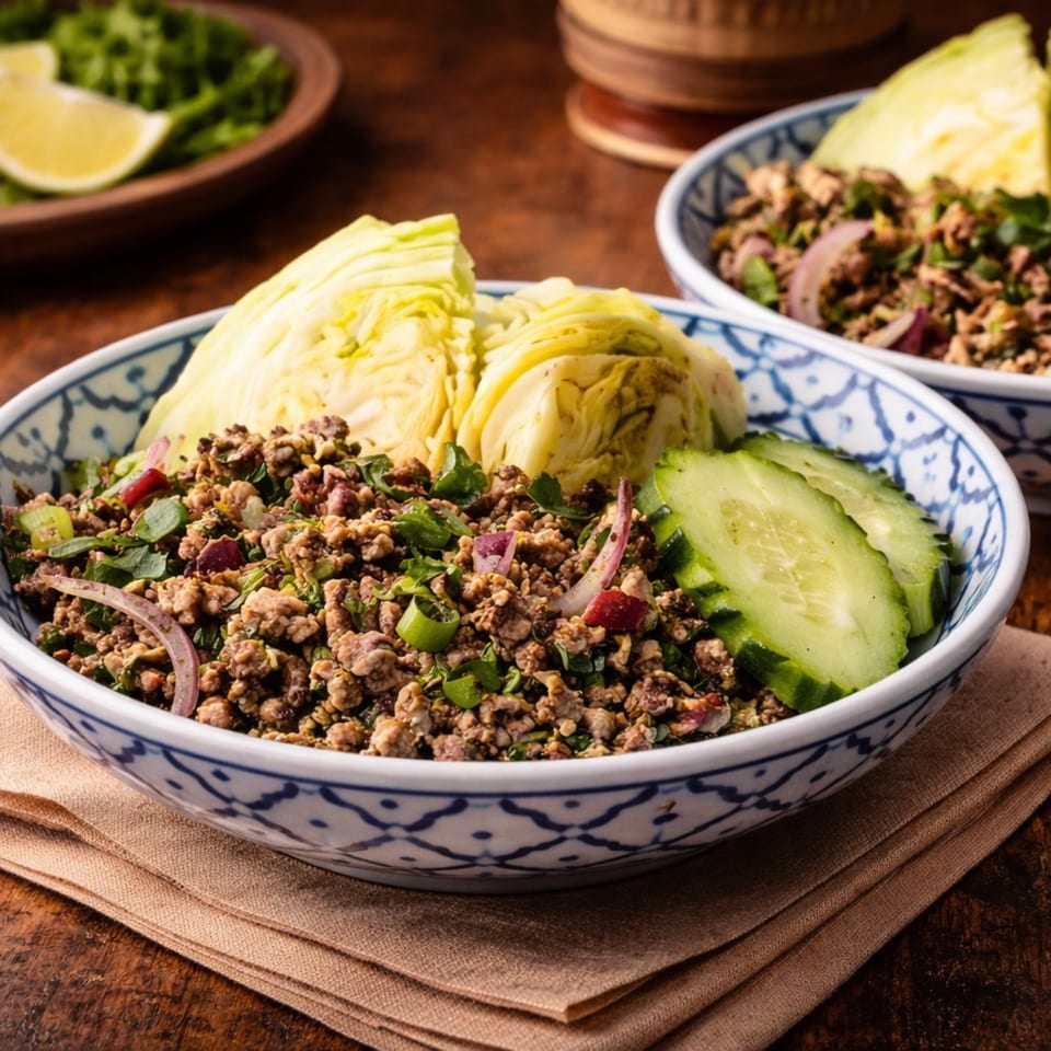 Two bowls of Thai Larb, a minced meat salad with herbs, cabbage, and cucumber slices.