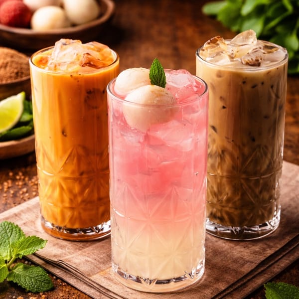 Three refreshing Thai drinks: iced tea, pink lychee soda, and iced coffee, on a wooden board.