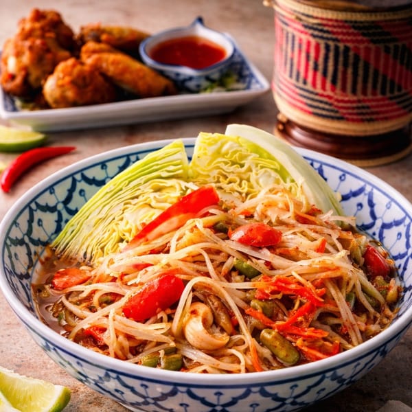 A bowl of papaya salad with cabbage, tomatoes, and cashews, alongside chicken wings and chili sauce.