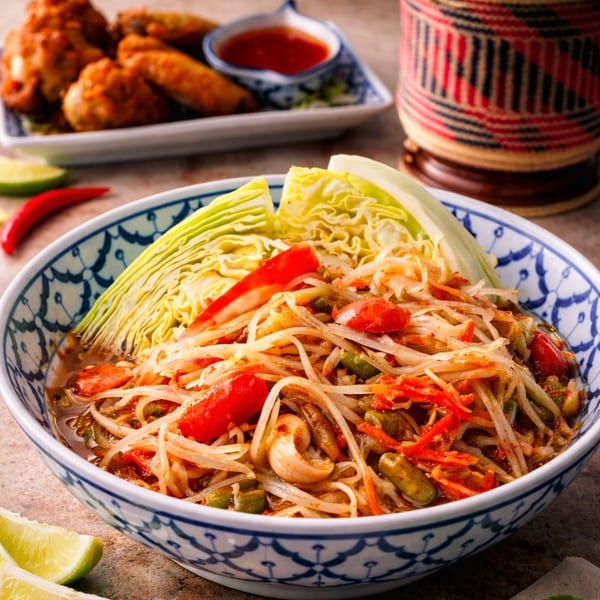 Spicy papaya salad with cabbage, tomatoes, and cashews, alongside chicken wings and chili sauce.