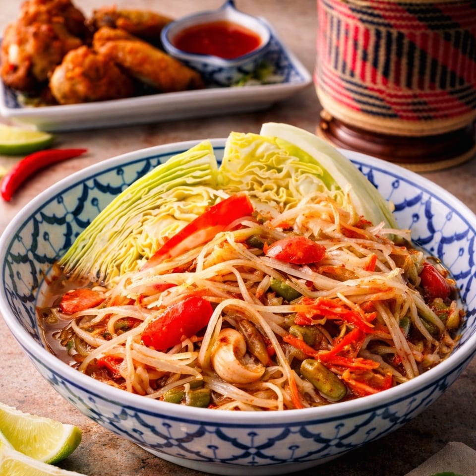 Spicy papaya salad with cabbage, tomatoes, and cashews, alongside chicken wings and chili sauce.