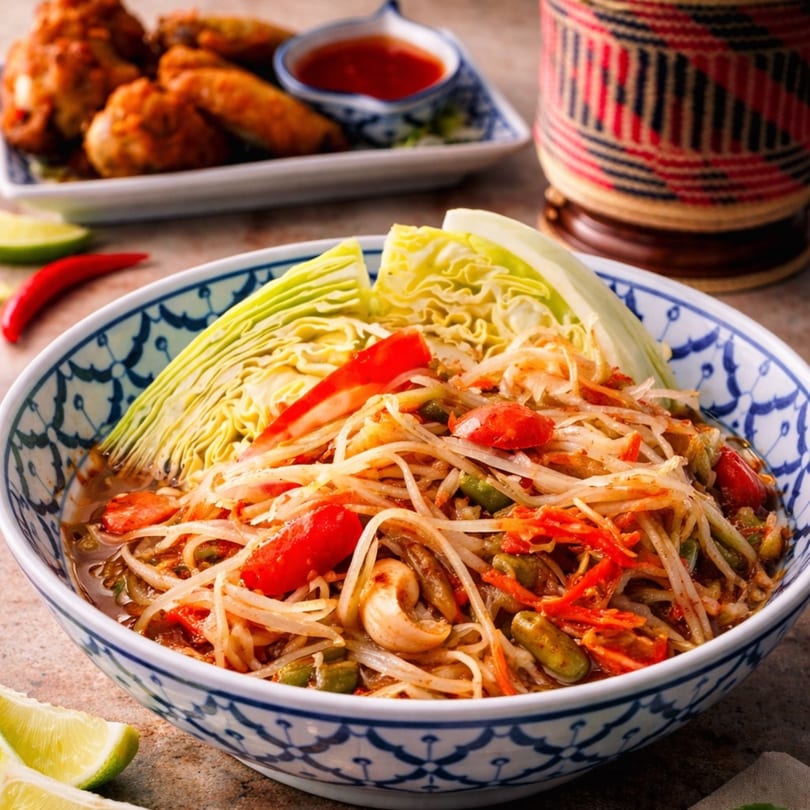 Spicy papaya salad with cabbage, tomatoes, and cashews, alongside chicken wings and chili sauce.
