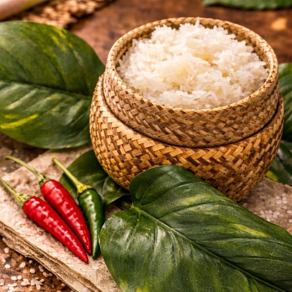 Woven basket of white sticky rice, red and green chili peppers, and green leaves on a rustic surface.