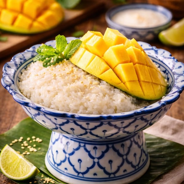 Tuk Tuks' mango sticky rice dessert, with fresh mango, mint, and sesame seeds in a blue and white bowl.