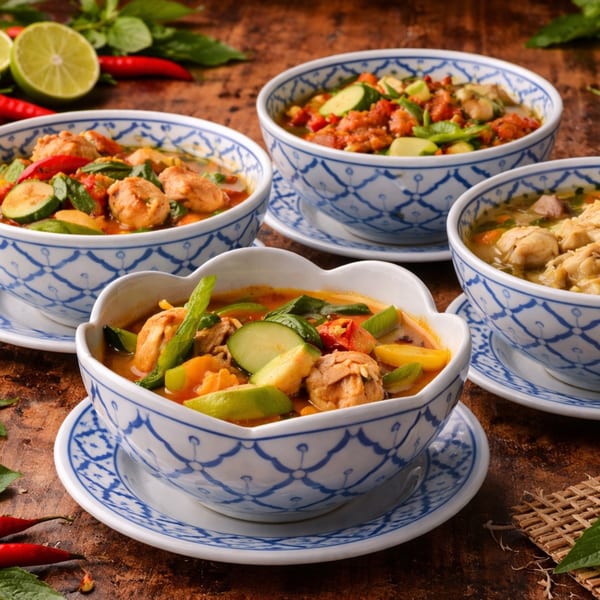 Four bowls of colorful Thai curry with chicken, vegetables, and lime on a wooden table.