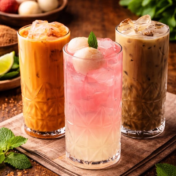 Three iced drinks: orange Thai tea, pink lychee soda with mint, and iced coffee.