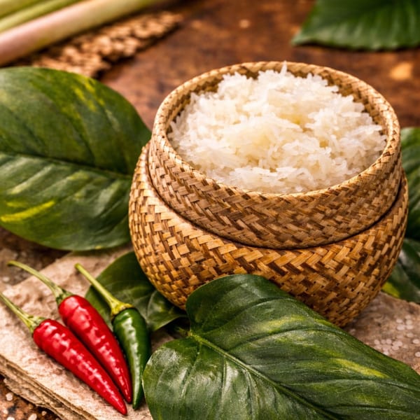 Woven basket filled with white sticky rice, surrounded by green leaves and red and green chili peppers.