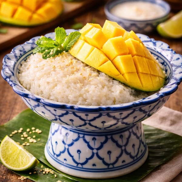 Mango sticky rice with mint and sesame seeds in a blue and white patterned bowl.