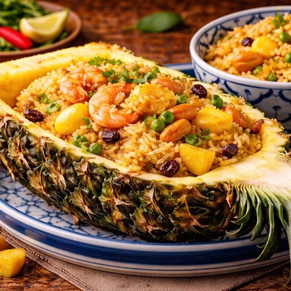Shrimp and pineapple fried rice served in a hollowed-out pineapple on a blue and white plate.