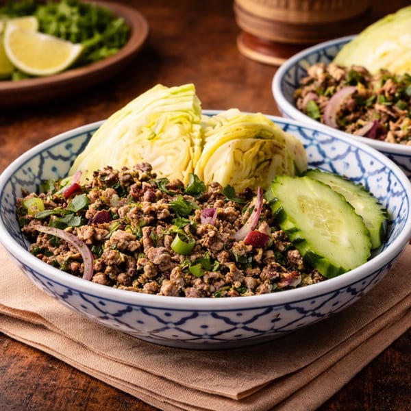 A bowl of Thai Larb with ground meat, herbs, red onion, cabbage, and cucumber slices.
