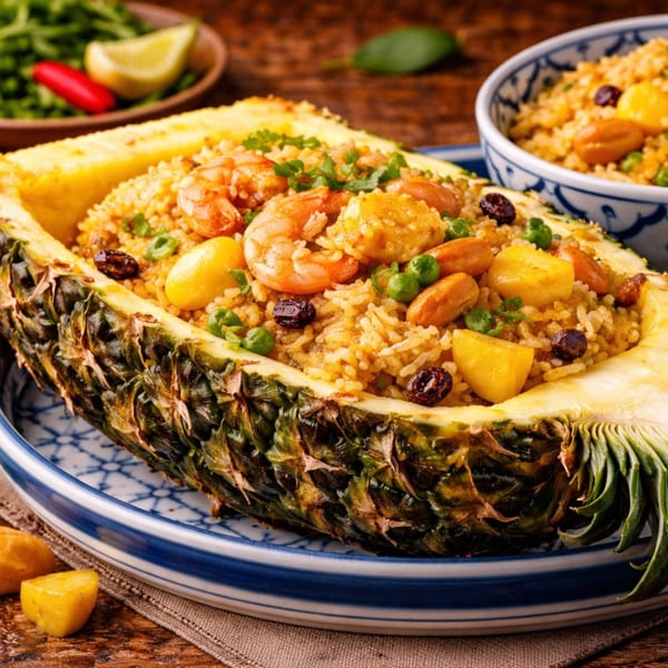 Shrimp fried rice with pineapple chunks, peas, and raisins, served in a carved pineapple half.