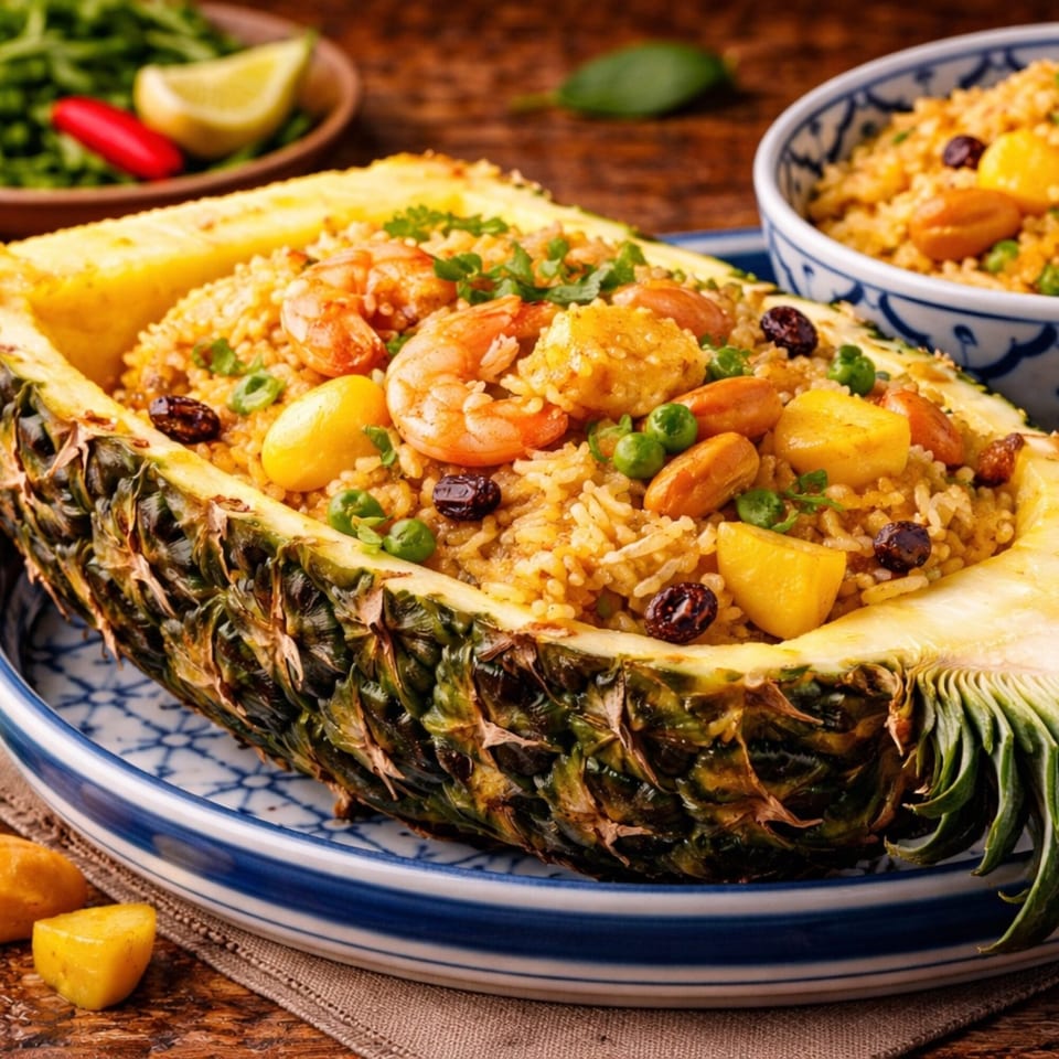 Shrimp fried rice with pineapple chunks, peas, and raisins, served in a carved pineapple half.