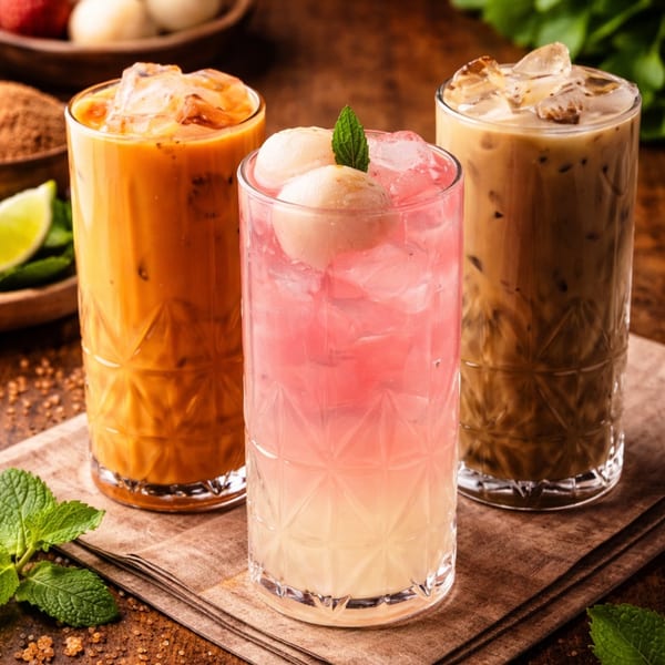Three iced drinks: Thai tea, pink lychee soda with lychees and mint, and iced coffee.