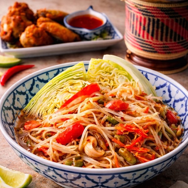 A bowl of Som Tum (papaya salad) with cabbage, chilies, and lime, with chicken wings in the background.