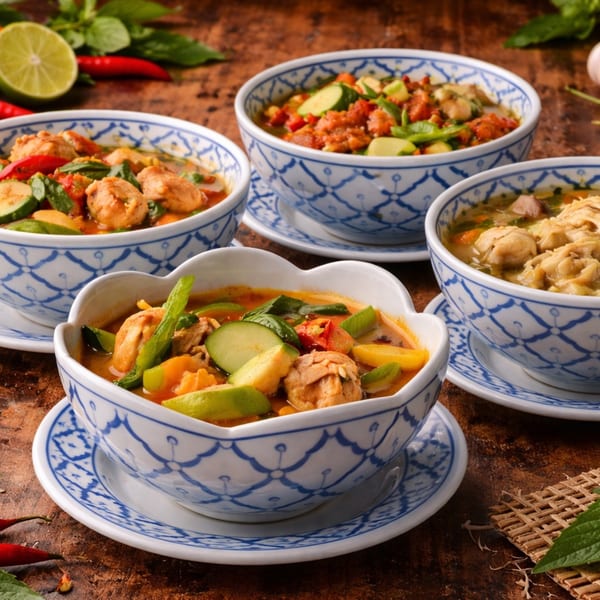 Four bowls of colorful Thai curry with chicken, vegetables, and herbs on a wooden table.