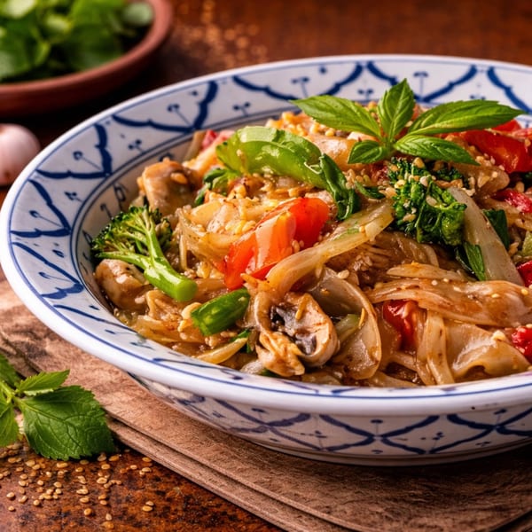 Close-up of a colorful noodle dish with vegetables, mushrooms, and basil in a blue and white bowl.