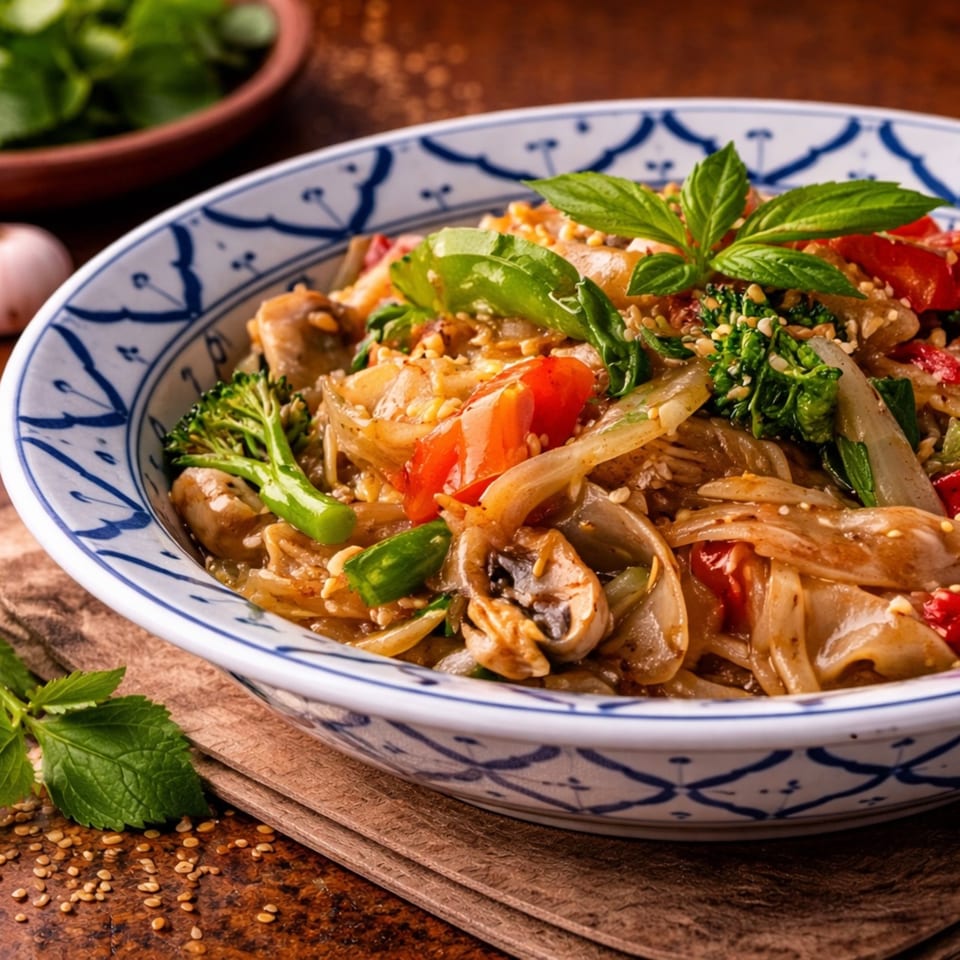 Close-up of a colorful noodle dish with vegetables, mushrooms, and basil in a blue and white bowl.