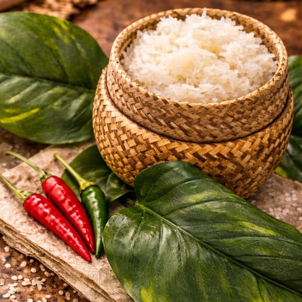 A woven basket filled with white sticky rice, flanked by green leaves and red and green chilies.