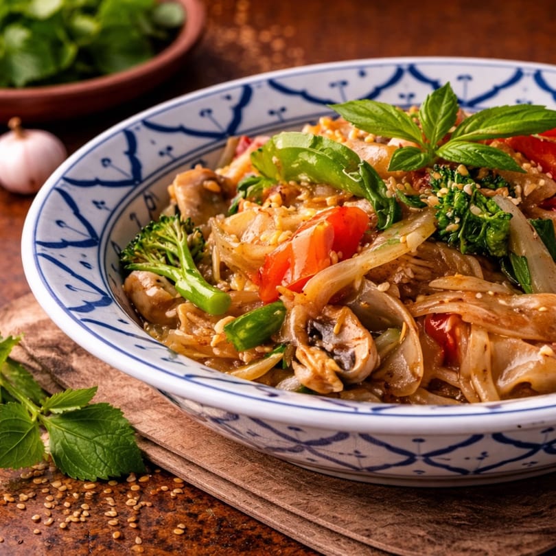 Close-up of a colorful noodle dish with vegetables, mushrooms, and basil in a blue and white bowl.