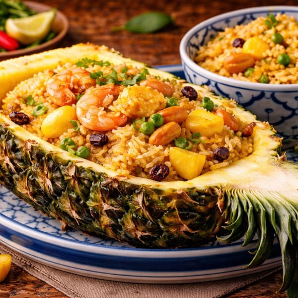 Tuk Tuks' pineapple fried rice with shrimp, cashews, and raisins, served in a pineapple half.