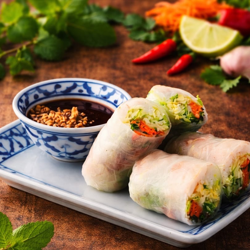 Fresh spring rolls with shrimp and vegetables, served with peanut dipping sauce on a white plate.